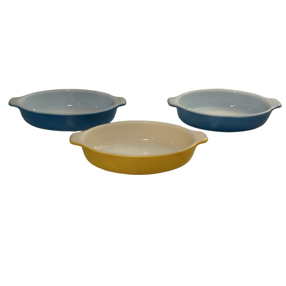 (3) Pyrex Pixie Tableware 700 Casserole Dish 10oz Vintage Blue Yellow Glass Oval